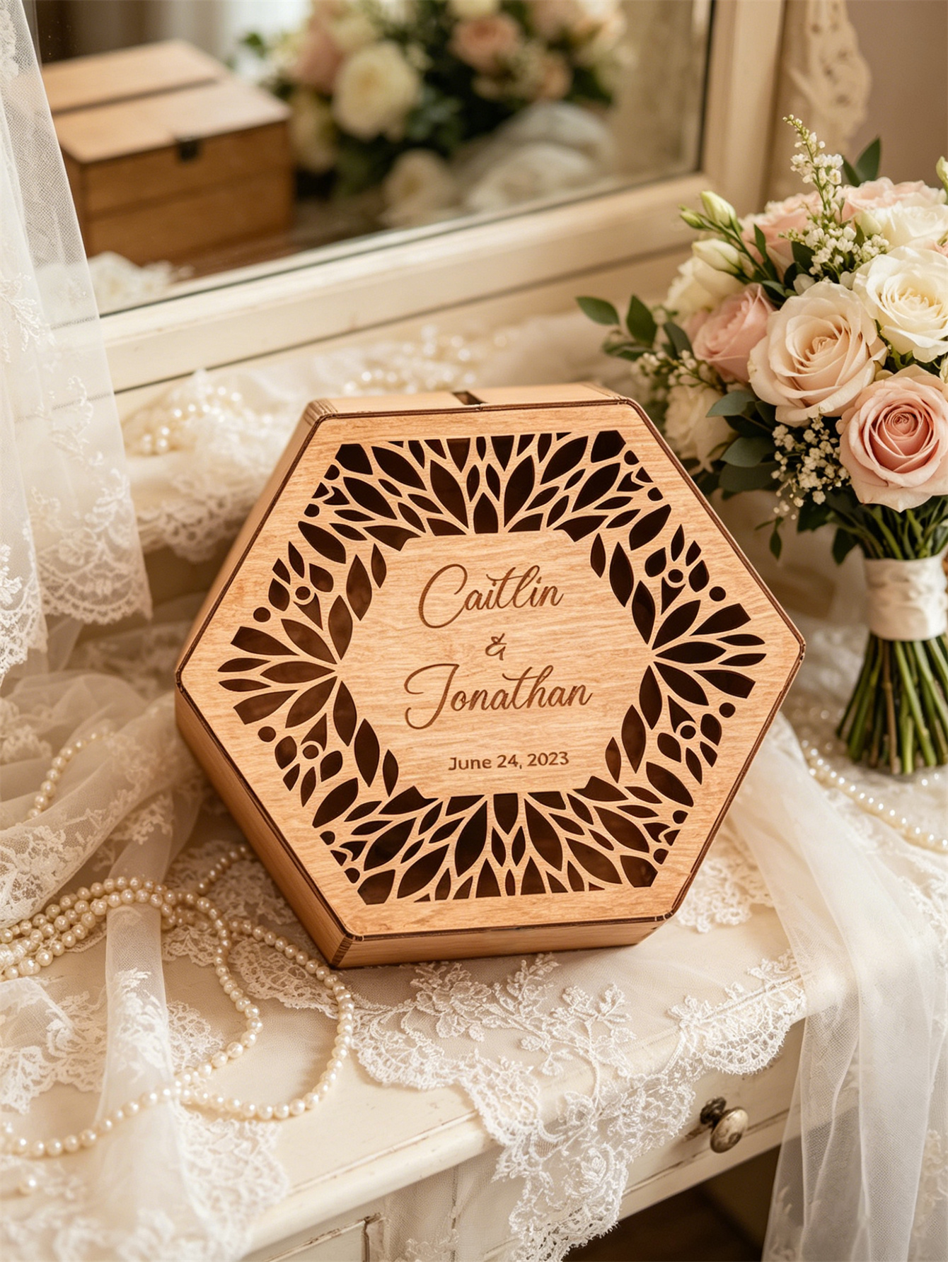 Rural-style wedding card box: Carved wooden souvenirs, personalized engagement gifts for the newlyweds